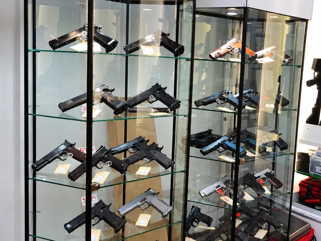 Zwei Glasvitrinen mit Pistolen im Verkaufsraum von Waffen Geus